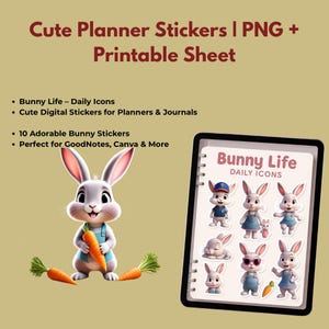Bunny Life Daily Icons | Cute Bunny Sticker Pack PNG | Kawaii Rabbit Clipart for Digital Planners | GoodNotes Stickers