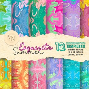 Może przedstawiać: Zestaw 12 ręcznie malowanych bezszwowych papierów cyfrowych z abstrakcyjnymi wzorami w żywych kolorach, takich jak zielony, niebieski, różowy, fioletowy i pomarańczowy. Każdy papier ma wymiary 30,48 cm x 30,48 cm. Napis "Exquisite Summer" jest napisany kursywą.