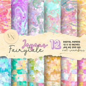 May include: A set of 12 digital papers featuring a whimsical, colorful, and abstract design. The papers are 12 inches by 12 inches and are 300 DPI. The papers are not seamless. The text "Joyous Fairytale" is featured on the image.