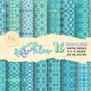 May include: A collection of 16 seamless digital papers with marine blue tile patterns. Each paper features a unique design in shades of blue and teal. The papers are 12 x 12 inches and are labeled "Marine Blue Tiles".
