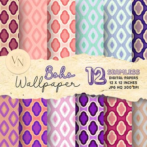 May include: Twelve digital papers with geometric patterns in shades of pink, purple, blue, and green. The papers are 12 inches by 12 inches and 300 DPI. The text "Boho Wallpaper" is written in black on a brown background.
