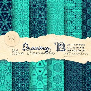 Blue Scrapbooking Digital Papers, Aquamarine Tarot Journal, Book of Shadows Backgrounds, Diamond Crystal Turquoise Patterns, Grimoire Pages