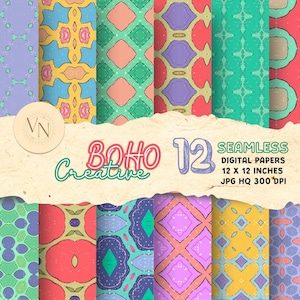 以下が含まれることがあります： ボヘミアンクリエイティブをテーマにした、12枚のシームレスデジタルペーパーのコレクション。各ペーパーは、青、ピンク、緑、黄色、紫の色合いで、ユニークでカラフルな幾何学模様を特徴としています。ペーパーのサイズは30.48 x 30.48 cmです。