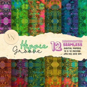 May include: A collection of 12 hand-painted seamless digital papers with a psychedelic theme. Each paper features a unique, colorful, abstract design in shades of pink, green, blue, and gold. The papers are 12 x 12 inches.