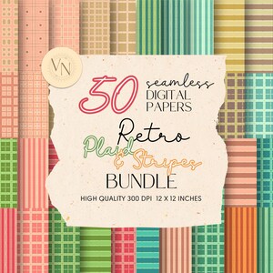 Può includere: Un pacchetto di carta digitale con 50 motivi a quadri e a righe retrò senza cuciture. I motivi sono di vari colori, tra cui rosso, verde, blu e marrone. I motivi sono di 12 pollici per 12 pollici e 300 DPI.