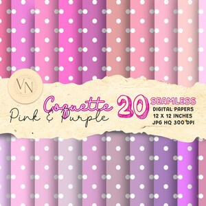 May include: A set of 20 digital papers featuring pink and purple polka dot patterns. The papers are 12 inches by 12 inches and 300 DPI.
