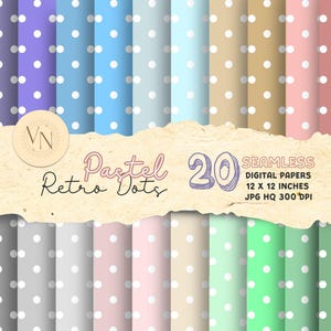 May include: A collection of 20 seamless digital papers with a retro polka dot design. Each paper is 12 x 12 inches and features a different pastel color with white dots. The image includes the text "Pastel Retro Dots".