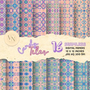 May include: Sixteen seamless digital papers with repeating geometric patterns in pink, blue, and purple. Each paper is 12 x 12 inches. The design includes the text "Candy Tiles" and "16 Seamless Digital Papers 12 x 12 inches JPG HQ 300 DPI".