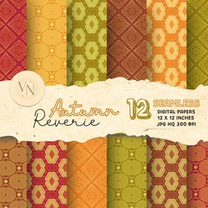 May include: A collection of 12 seamless digital papers with autumn-themed patterns. Each paper is 12 x 12 inches and features warm colors like red, orange, and yellow. The patterns include geometric and organic designs, perfect for fall-themed crafts.