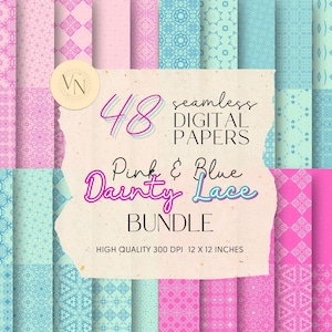 May include: A digital paper pack with 48 seamless patterns in pink and blue. The patterns feature a dainty lace design. The pack is high quality, 300 DPI, and 12 x 12 inches.
