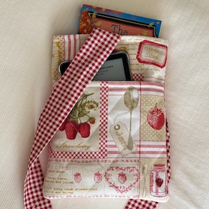 Handmade Quilted Book Sleeve | Strawberry Bow Tie Book Cover | Kindle Pouch