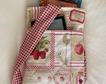 Handmade Quilted Book Sleeve | Strawberry Bow Tie Book Cover | Kindle Pouch