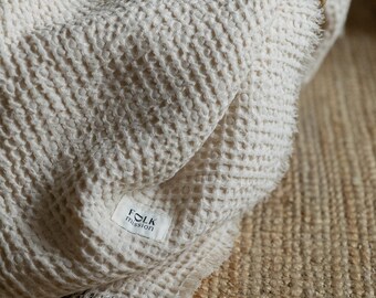 Waffle Linen Cotton Throw Blanket - Soft Lightweight Cozy Bed Throw for Queen King Sofa - Rustic Luxury Home Decor