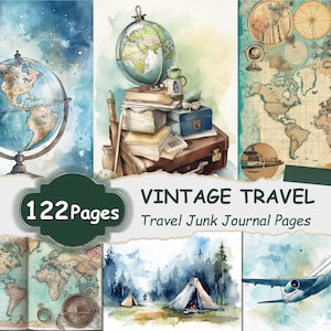 Travel Junk Journal Pages, vintage reisephemera, afdrukbaar reisscrapbookpapier, digitale download
