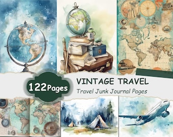 Vintage Travel Junk Journal Pages, Ephemera, Stickers (Digital Download)