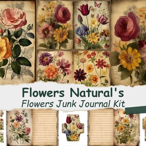 Può includere: Un kit di collage digitale con illustrazioni vintage di vari fiori in tonalità di rosso, giallo, rosa e viola. Il kit include immagini di rose, tulipani, margherite e altri motivi floreali. Il testo "Flowers Natural's Flowers Junk Journal Kit" è visualizzato nella parte inferiore dell'immagine.