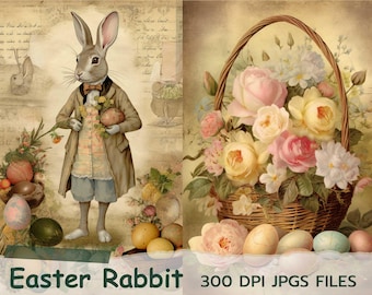 Vintage påskhare-skräpjournalsidor – Utskrivbara kaniner (digital nedladdning)