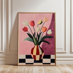 Tulip Vase Art Print, Mid Century Modern Poster, Pink Checkered Floral ...