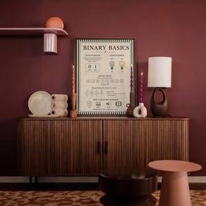 Computer science educational poster combining binary digits and place value explanation in cream beige black vintage-inspired format