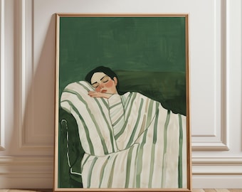 Emerald Green Sleeping Woman, Resting Woman in Stripes Poster, Print on Paper