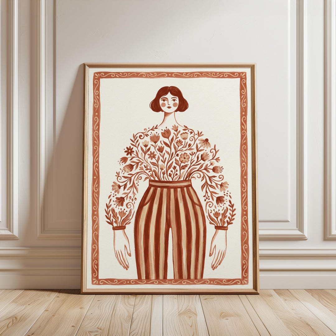 Folk Art Floral Woman Poster - Earthy Rust and Cream Palette - Etsy