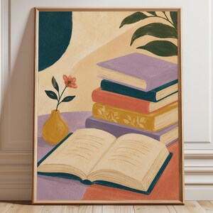 Cozy Book Stack Print, Colorful Books, Floral Vase, Literary Wall Art