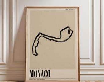 Lámina del circuito del Gran Premio de Mónaco, arte minimalista del automovilismo, decoración moderna de carreras.