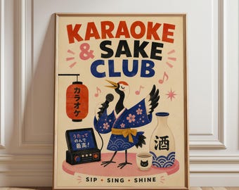 Japanese Karaoke Poster, Sake Bar Wall Art, Retro Japanese Print, Music Room