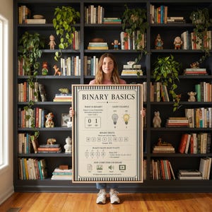 Educational coding artwork illustrating binary fundamentals with structured layout and vintage-inspired design for student learning spaces