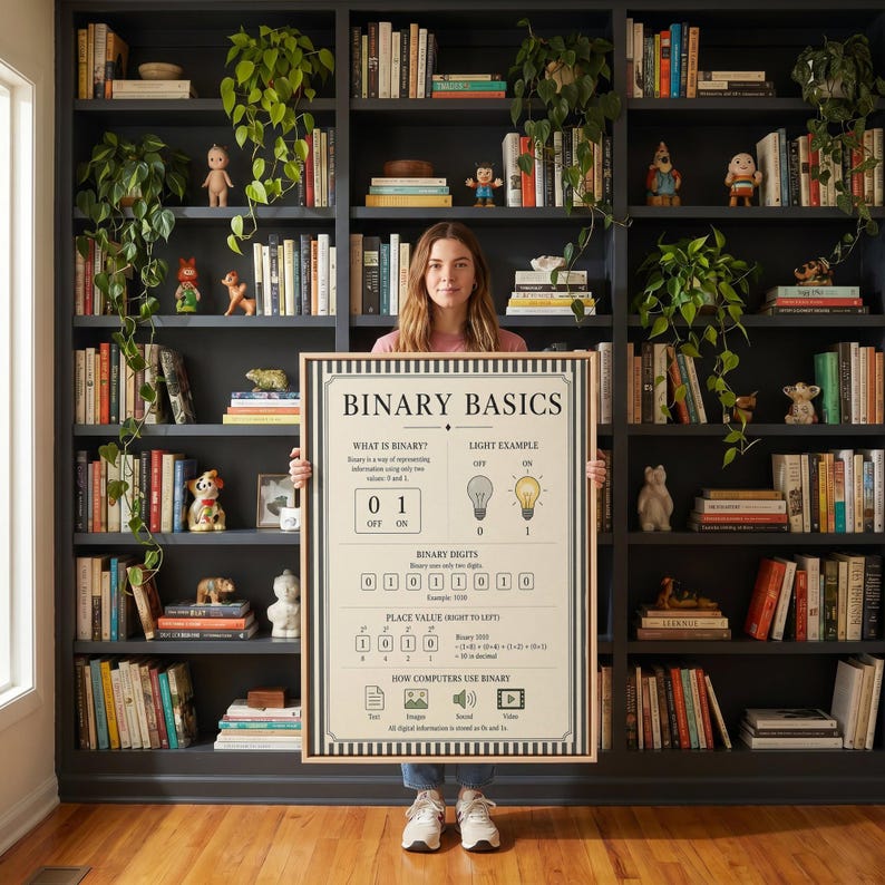 Educational coding artwork illustrating binary fundamentals with structured layout and vintage-inspired design for student learning spaces