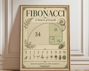 Fibonacci Spiral Art Print: Vintage Botanical, Golden Ratio Design