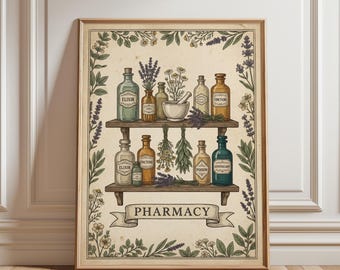 Vintage Apotheken Print - Apothekerflaschen mit botanischen Kräutern