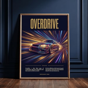 Nissan Skyline GT-R R34 Poster – Retro JDM Racing Art, 90s Synthwave Print