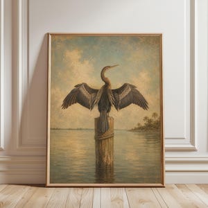 Décoration murale vintage représentant des oiseaux, estampe Anhinga côtière, style antique et naturel, inspiration nautique.