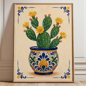 Mexicaanse tegelprint met cactusmotief, botanische wanddecoratie in volkskunststijl, decoratie voor Talavera-potten