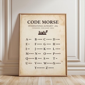 May include: A rectangular framed print on aged, off-white paper featuring the text CODE MORSE INTERNATIONAL ALPHABET 1865. It displays a black illustration of a telegraph key and the complete alphabet with corresponding Morse code dot-dash sequences.