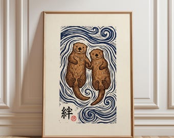 Sea Otter Wall Art: Ukiyo-e Inspired Waves - Japanese Woodblock Style