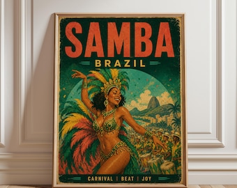 Poster vintage di una ballerina di samba – Arte retrò da viaggio per il Carnevale brasiliano