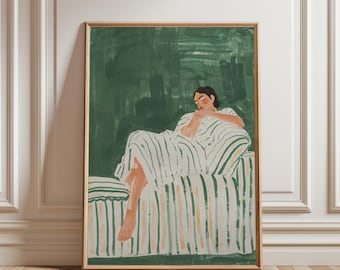 Resting Woman Art Print: Modern Green Striped Poster (Various Sizes)