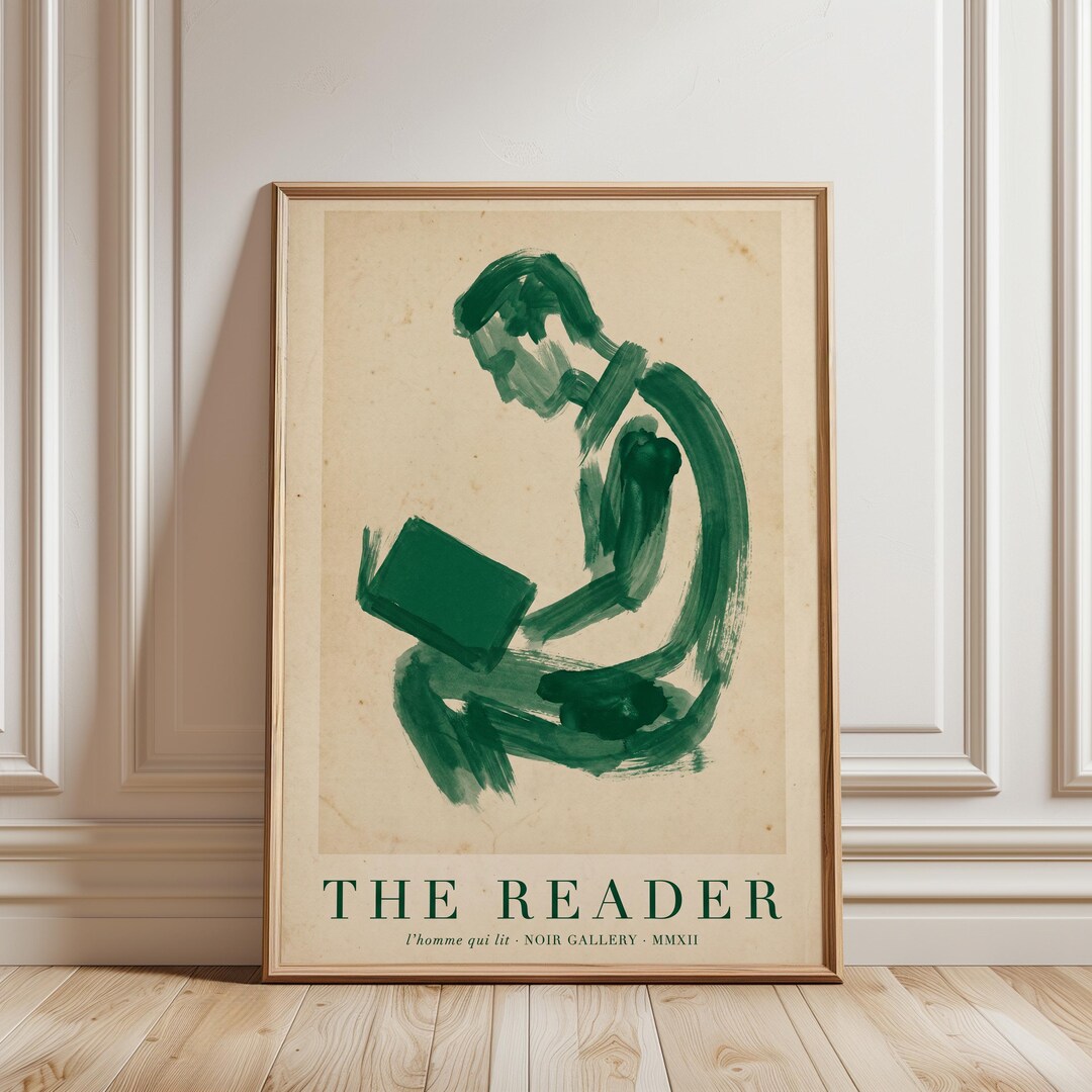 Green Reader Art Print, Minimalist Figurative Poster, Book Lover Decor ...
