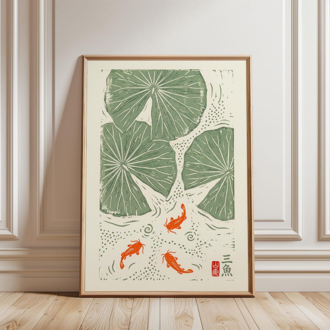 Koi Fish Wall Art - Japanese Botanical Print With Lily Pads - Etsy