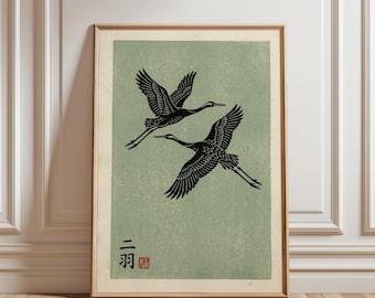 Japanischer Kranich: Minimalistische schwarze Silhouetten - Salbeigrün