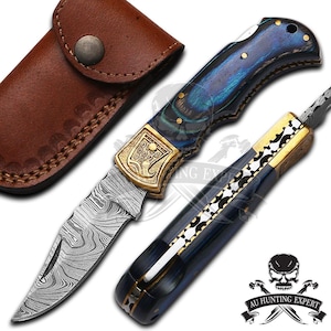 Handmade Damascus Folding Knife: Blue Wood Handle, Leather Sheath
