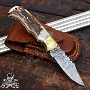 Handmade Damascus Pocket Knife Stag Horn Handle Birthday Gift Folding Knife Groomsmen Anniversary Gift Boyfriend Gift Authentic Steel