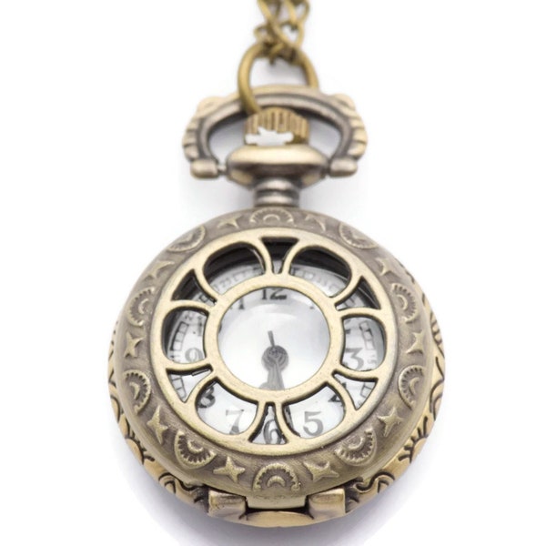 Sun & Moon Pocket Watch Necklace | Long Necklace Watch | Watch Locket Necklace | Pocket Watch Pendant | Ladies Pocket Watch - WA00025