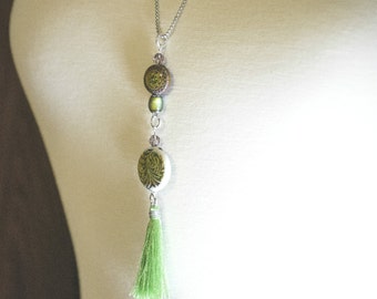 Green Tassel Necklace, Mood Bead, Tassel Necklace, Long