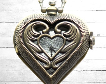 Geschnitzte Herz Taschenuhr Anhänger / Lange Kettenuhr / Uhr Medaillon Halskette / Taschenuhr Anhänger / Damen Taschenuhr