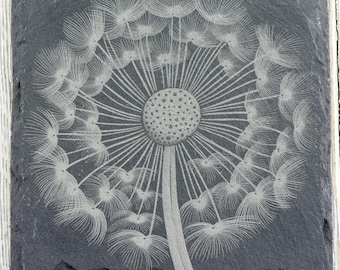 Laser Engraved Dandelion Black Slate Square Coaster • Rustic Barware