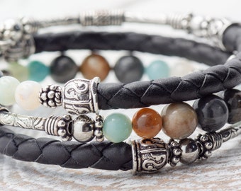 Gemstone Leather Wrap Bracelet, Memory Wire Bracelet, Bohemian Jewelry, Wrap Around