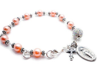 Swarovski Peach Pearls Sterling Silver Rosary Charm Bracelet 8.25" or 9"